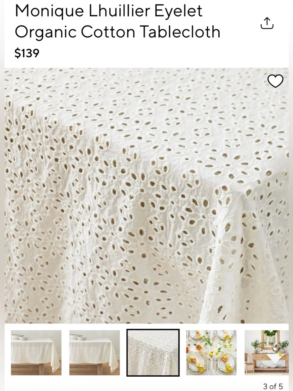 Monique Lhuillier Ivory Eyelet Organic Cotton Tablecloth